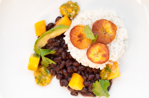 coconut rice with black beans plaintains and mango salsa via herbivoracious